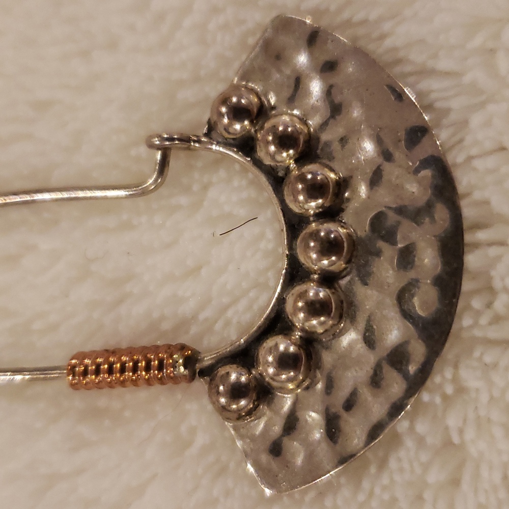Hammered Mexico Sterling Silver Circle Moon Crescent Drop Hoop Earrings, 2" long - Picture 2 of 3